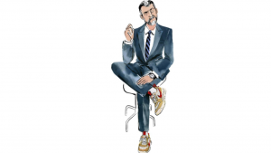 a cartoon picture of a man dressed in a suit sitting down