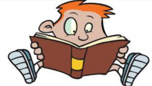 A cartoon picture of a child reading a book