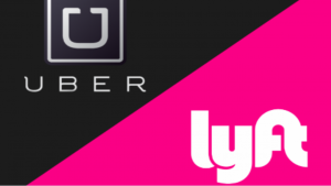 A picture of the Lyft and Uber company logos