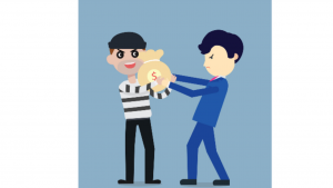 A cartoon picture of a robber and a guy in a blue suit pulling in a money bag