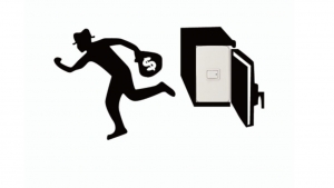 A black and white cartoon picture of a guy holding a bag running away from a safe