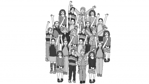 A black and white cartoon picture of a large group of people raising their hands