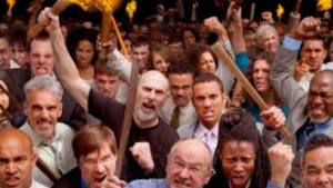 a picture of an angry crowd booing