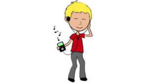 a cartoon picture of a boy listening to music