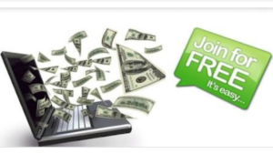 A cartoon picture of a laptop spitting out money, with a green sign that reads "join for free".