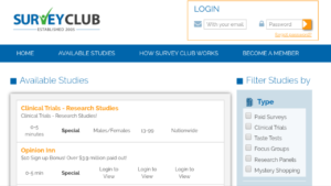 A screenshot picture of Survey Club website available survey page